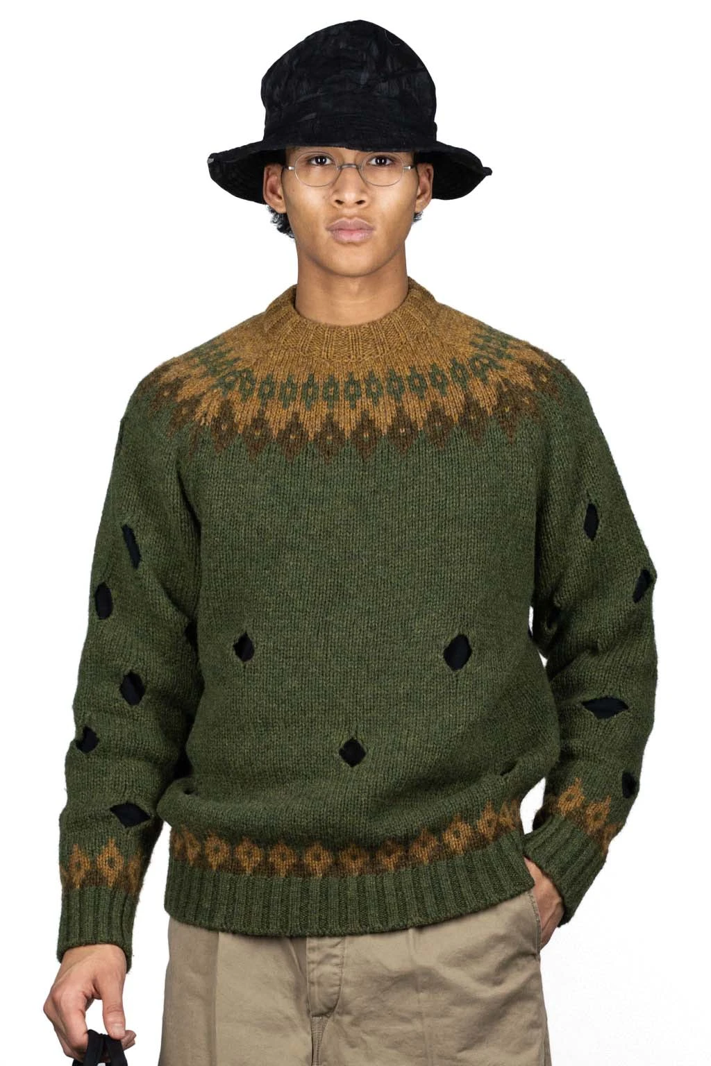 Lemaire Shop -Lemaire Shop Kapital 3G Wool NORDIC Hole Punch Raglan Crew Sweater Khaki K2110KN077 KHA 01 m