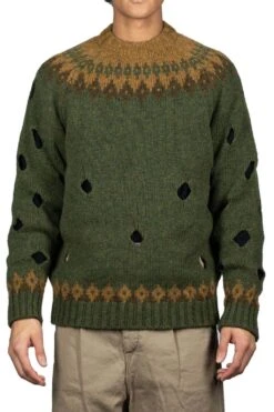 3G Wool NORDIC Hole Punch Raglan Crew Sweater - Khaki -Lemaire Shop Kapital 3G Wool NORDIC Hole Punch Raglan Crew Sweater Khaki K2110KN077 KHA 02 m