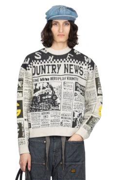 8G Knit NEWSPAPER Crew Sweater (KOUNTRY NEWS) - Natural