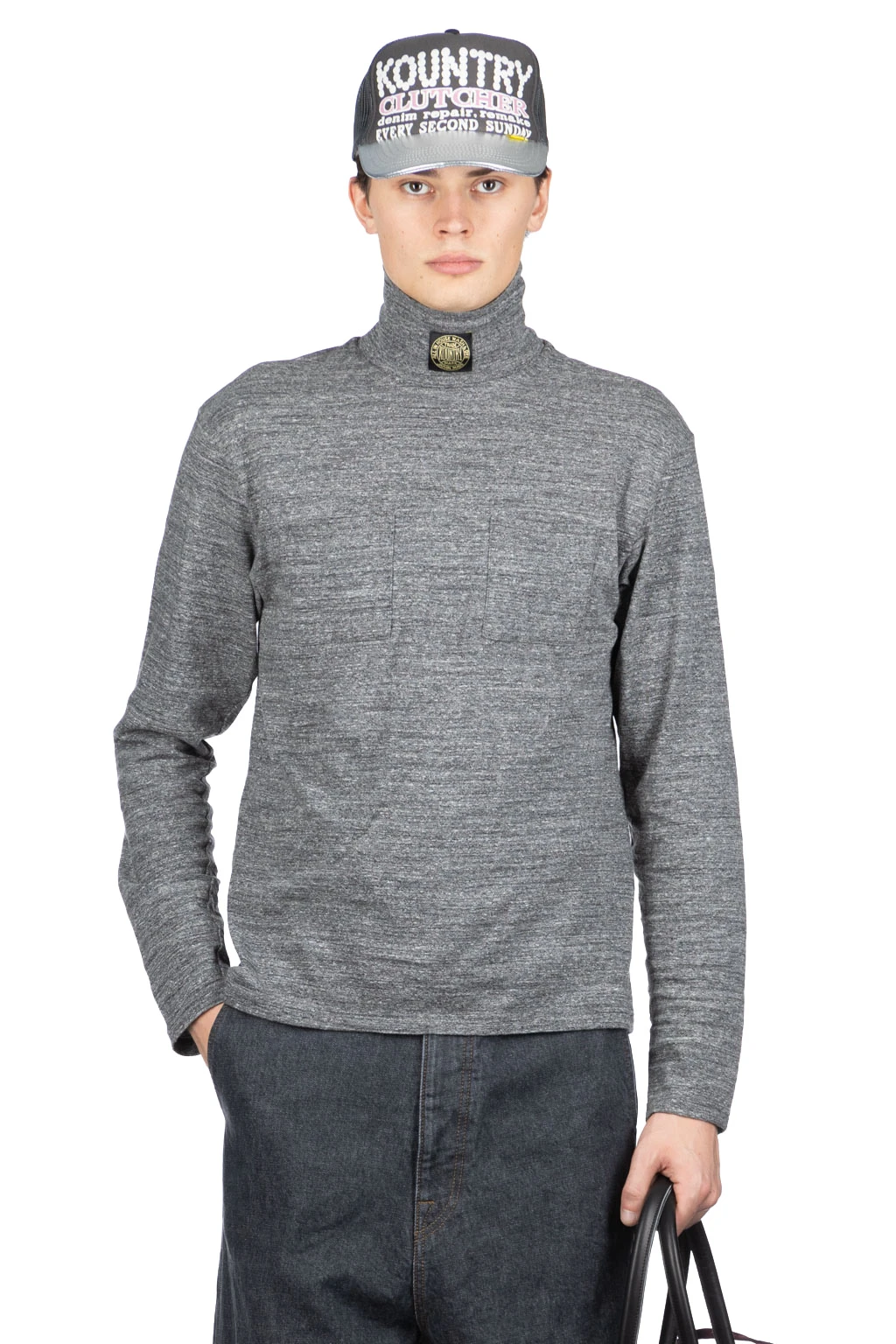TOP Jersey High Neck Pocket Long Sleeve T - Charcoal 1 TOP Jersey High Neck Pocket Long Sleeve T - Charcoal