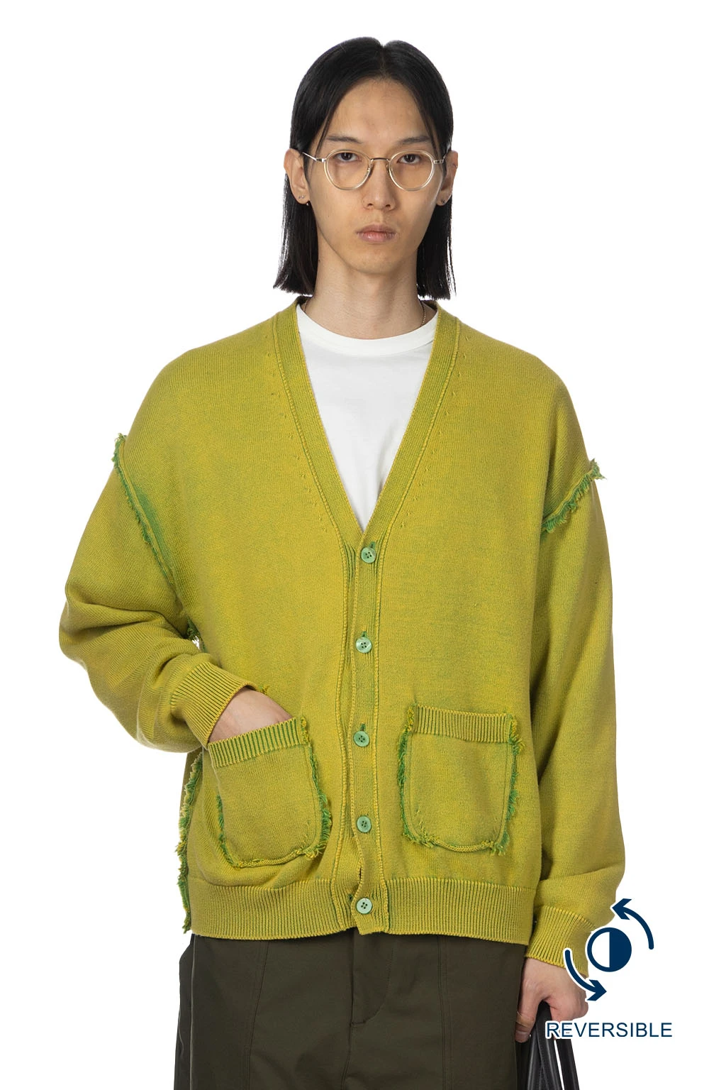 Reversible Washed Cardigan - Green 1 Reversible Washed Cardigan - Green